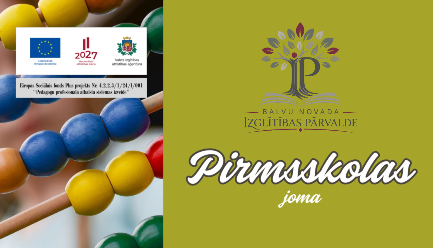Attēlā redzamas bērnu rotaļlietas, Izglītības pārvaldes logo.