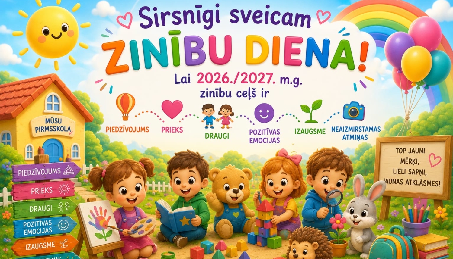 Attēlā redzami bērni ar grāmatām, rotaļlietām. apsveikums Zinību dienā