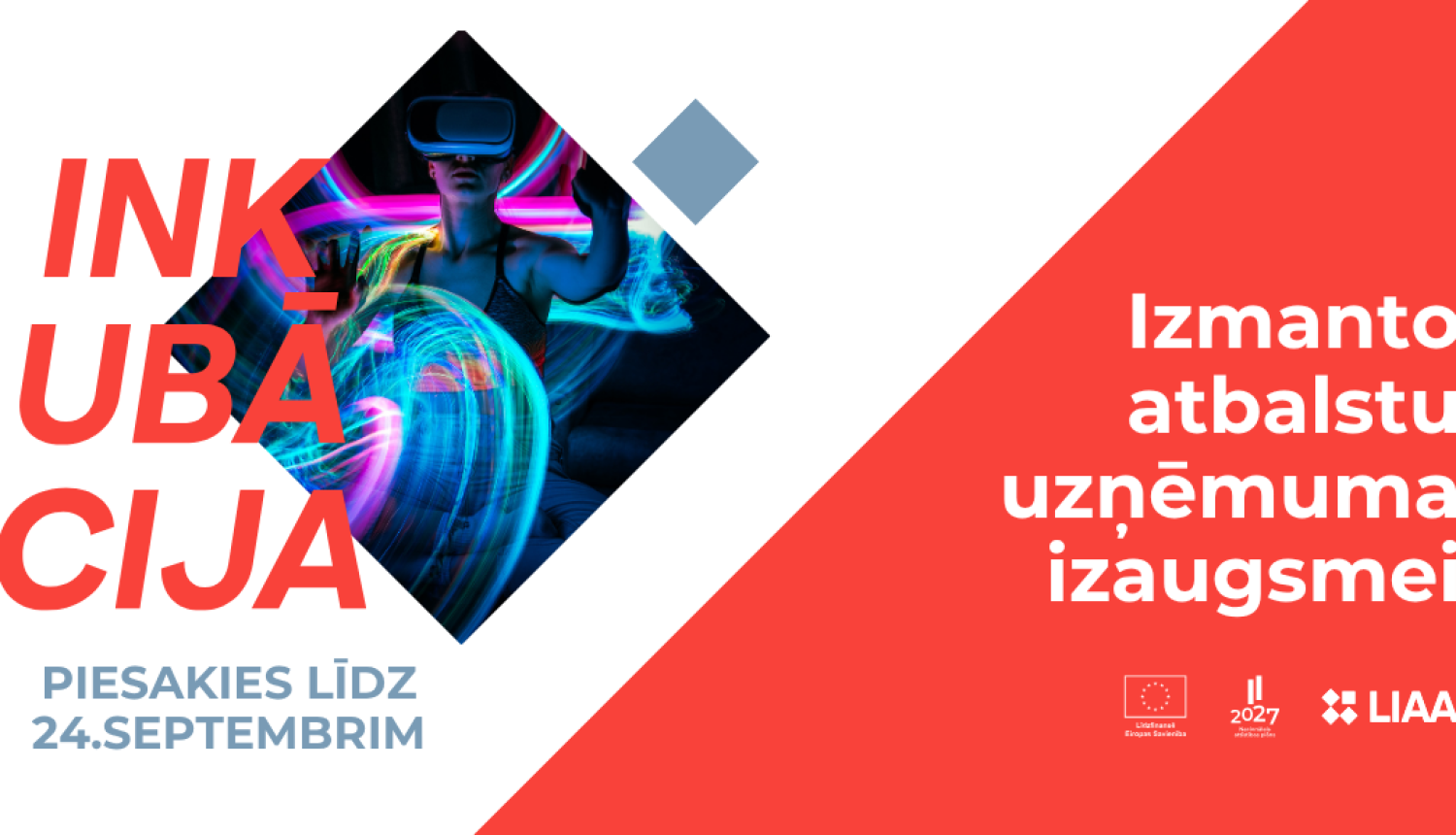 Sarkani balts fons. Tumšā kvadrātā redzams cilvēks ar neona gaismām.