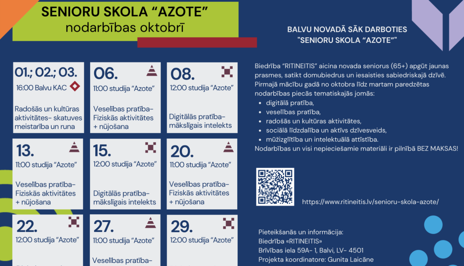 Informatīvs plakāts par Senioru skolas "Azote" nodarbībām Balvu novadā 2026. gada oktobrī. Plakātā norādīti nodarbību datumi, laiki, vietas, tēmas