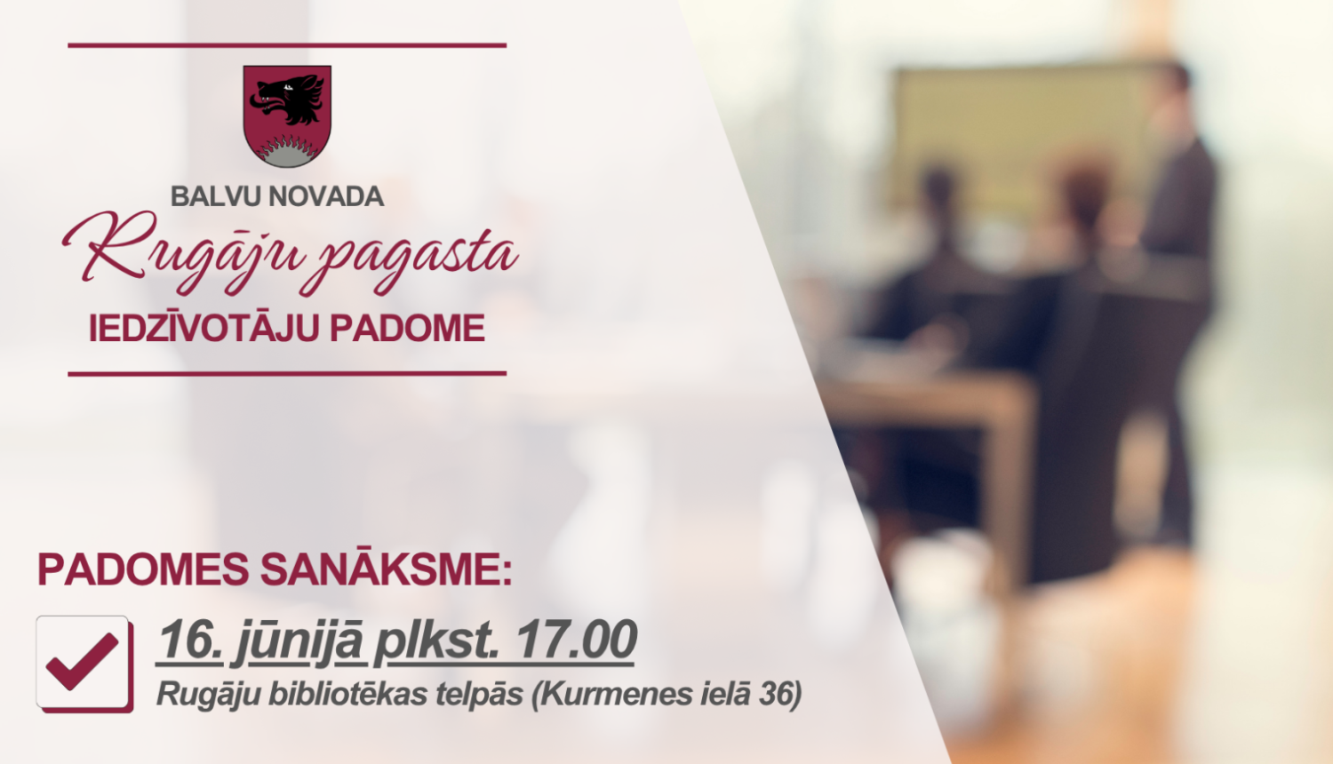 Paziņojums par iedzīvotāju padomes sanāksmi Rugājos, fonā redzami cilvēki.