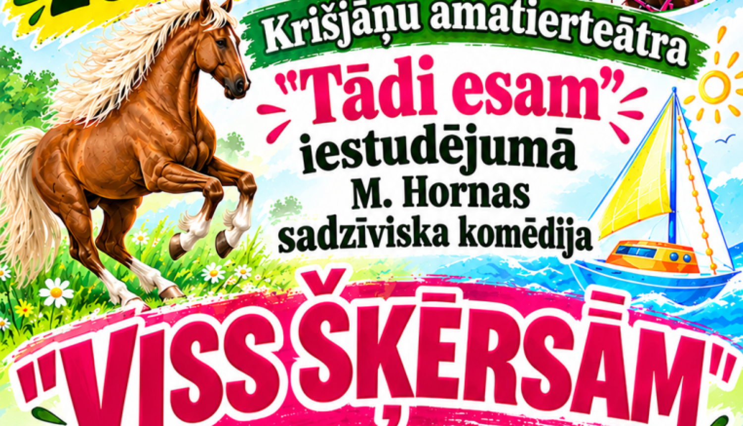 Attēlā redzami zirgi, cilvēks ar zirgu, mašīna, māja un buru laiva.