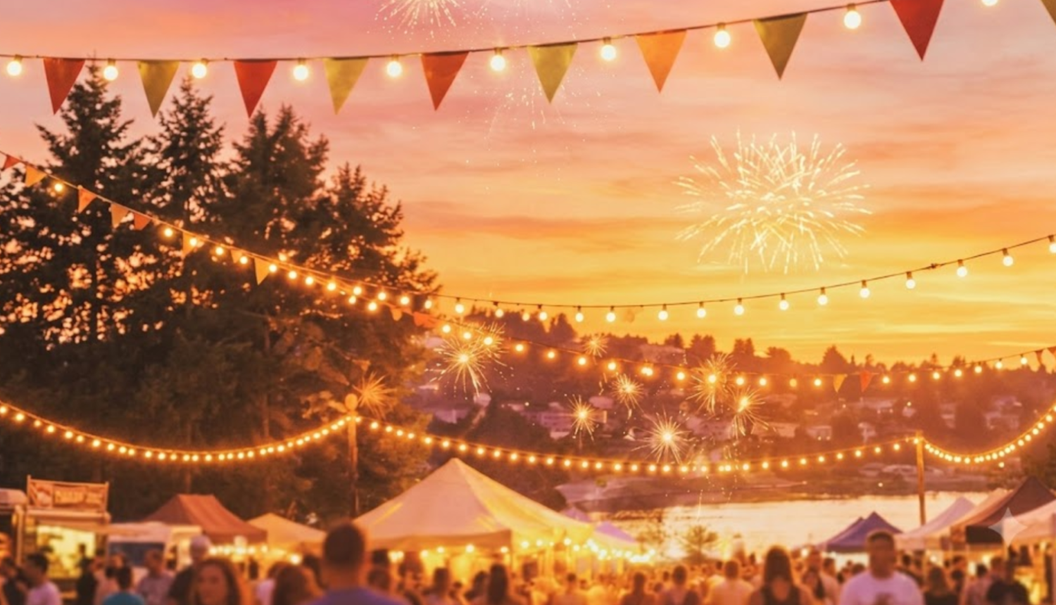 Brīvdabas festivāls vai pilsētas svētki vakara saulrietā. Priekšplānā redzams liels cilvēku pūlis un izgaismotas festivāla teltis, virs kurām iekārtas spuldzīšu vītnes un krāsas karodziņi. Fonā virs ezera vai upes un meža silueta debesīs redzams salūts.