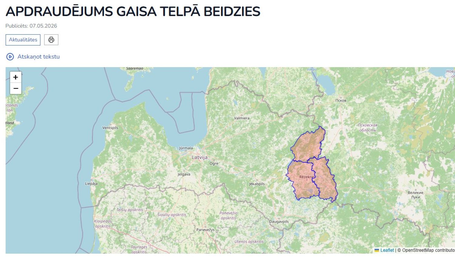 Paziņojums par apdraudējuma gaisas telpas beigšanu