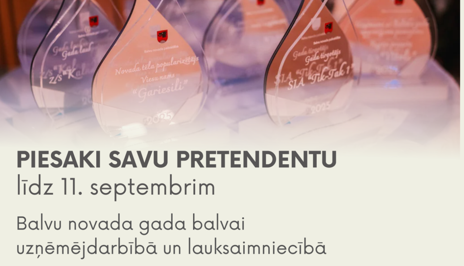 Balvu novada pašvaldības aicinājums "PIESAKI SAVU PRETENDENTU Balvu novada gada balvai uzņēmējdarbībā un lauksaimniecībā". Augšā redzamas iepriekšējā gada balvas ar novada simboliku.