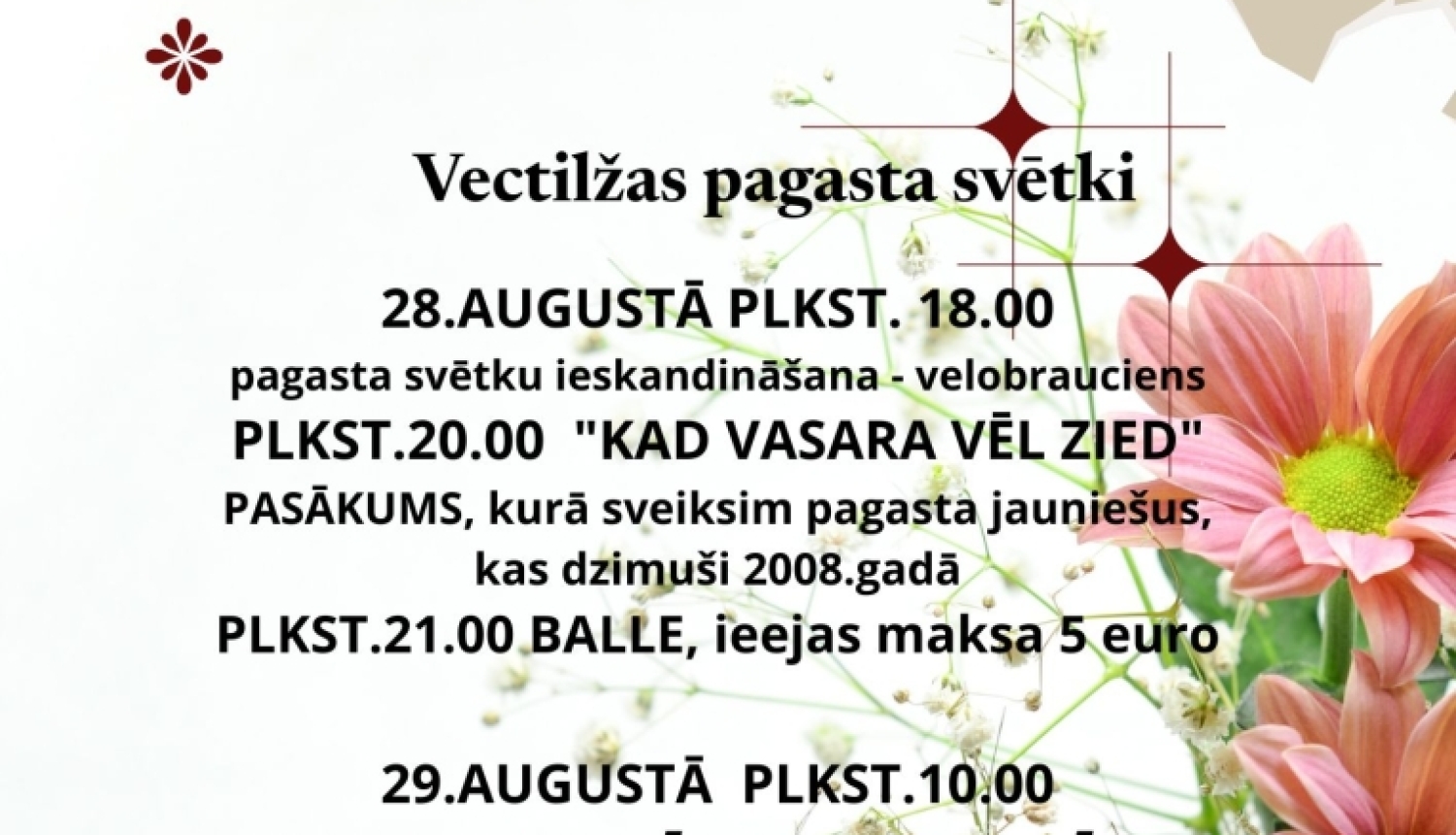 Gaišs plakāts ar ziedu vāzi un rozīgiem ziediem plakāta labajā pusē. Plakāta teksts aicina uz Vectilžas pagasta svētkiem.