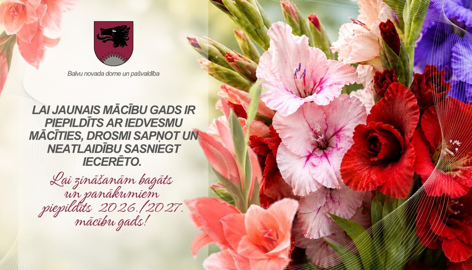 Attēlā redzams Zinību dienas apsveikums. Uz gaiša fona labajā malā redzamas krāsainas gladiolas. 