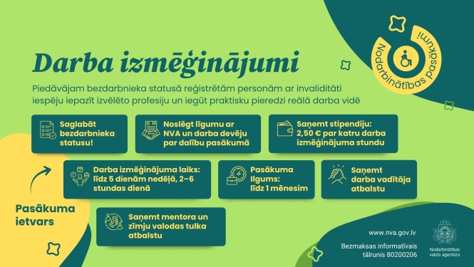 NVA informatīva afiša uz zaļa fona 