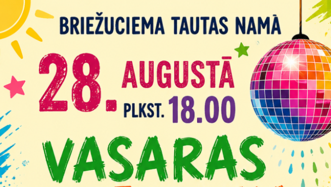 Attēlā redzama krāsaina diskotēkas afiša. Labajā augšējā stūrī krāsaina diskobumba. Apakšā krāsaini silueta cilvēki. 