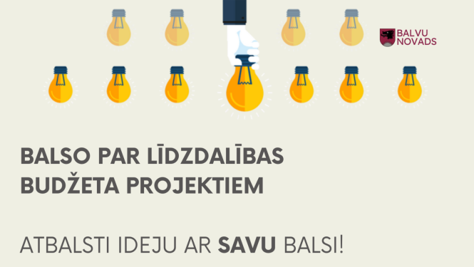 Balvu novada informatīvais plakāts ar tekstu: "BALSOSO PAR LĪDZDALĪBAS BUDŽETA PROJEKTIEM. ATBALSTI IDEJU AR SAVU BALSI!". Augšpusē redzama grafika ar vairākām dzeltenām spuldzītēm, no kurām vienu lielāko vidū tur uzzīmēta roka. Augšējā labajā stūrī ir Balvu novada logotips.