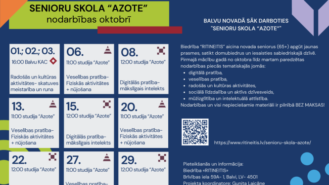 Informatīvs plakāts par Senioru skolas "Azote" nodarbībām Balvu novadā 2026. gada oktobrī. Plakātā norādīti nodarbību datumi, laiki, vietas, tēmas