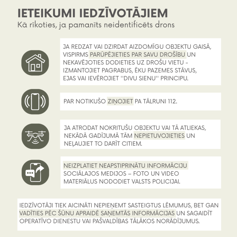 Ieteikumi iedzīvotājiem kā rīkoties, ja pamanīts neindeficēts drons