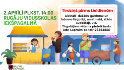 Dzeltenīgi zilganā fonā attēlots rosīgs tirdziņš, kur redzami cilvēki, kas pārvietojas starp tirgotāju stendiem, pērk un pārdod dažādas preces. Attēlu papildina teksts: “Tirdziņš pirms Lieldienām.”