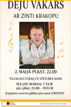 Attēlā redzama vertikāla reklāmas afiša gaišā, krēmkrāsas fonā ar zeltainu rāmi apkārt malām. Augšpusē lieliem, melniem burtiem rakstīts: “DEJU VAKARS”. Zem tā mazākiem burtiem: “AR ZINTI KRAKOPU”.  Afišas centrā ievietota vīrieša fotogrāfija. Viņš ir gaišmatains, sēž vai atspiedies ar rokām priekšā, ģērbies gaišā kreklā ar tumšām lencēm. Viņš skatās kamerā un viegli smaida. Fons aiz viņa ir silti brūnos toņos.  Abās pusēs fotogrāfijai ir dekoratīvas zelta krāsas mūzikas notis un vijoles atslēgas simboli.