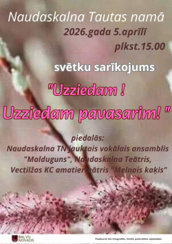 Uz gaiša fona redzams pūpola zars un rozā uzrakstu: Uzziedam! Uzziedam pavasarim!