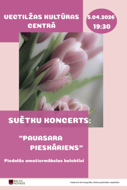 Fonā redzami divu veidu rozā kvadrātu laukumi, kas veido dekoratīvu rakstu. Priekšplānā attēlotas tulpes, piešķirot pavasarīgu noskaņu. Attēlā iekļauts uzraksts: Svētku koncerts "Pavasara pieskāriens".