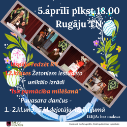 Uz zila fona redzama foto kadra lente ar vairākām bildēm no izrādes. Fonā attēloti ziedi, olas un lapas, kas piešķir pavasarīgu noskaņu. Attēlā iekļauts uzraksts: izrāde "Īsa pamācība mīlēšanā".