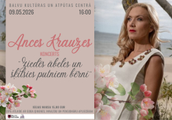  Pasākuma plakāts gaišos toņos. Labajā pusē redzama sieviete ar gaišiem matiem gaišā kleitā, fonā daba un ziedoši ābeļu zari. Plakāts aicina uz Ances Krauzes koncertu.