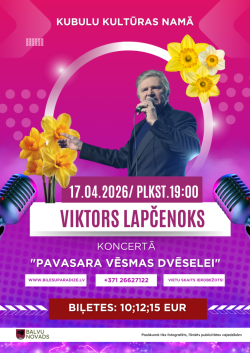Rozīgi violets fons ar dzeltenām narcisēm. Centrā aplī stāv dziedātājs ar mikrofonu rokās. Teksts: 'Viktora Lapčenoka koncerts “Pavasara vēsmas dvēselei.