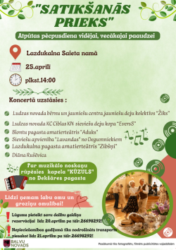 Pavasarīga afiša. Gaiši zaļš fons ar aicinājumu uz pēcpusdienu vidējai, vecākajai paaudzei Lazdukalna Saieta namā. 25. aprīlī. Fonā dekoratīvas notis un lapas. Fotoattēls ar dejojošu pāri.