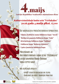 Gaišs fons. Kreisajā pusē redzams Latvijas karogs un balti ķiršu ziedi. Teksts aicina 4. maijā uz Latvijas Republikas Neatkarības atjaunošanas dienas svētkiem - Kultūrvēsturiskajā lauku sētā "Vēršukalns"