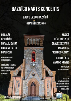 Uz tumša, nakts fona redzama baznīca. Teksts vēsta par Baznīcu nakts koncertu.