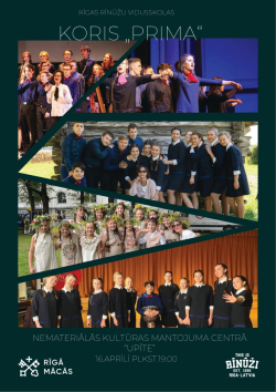 Uz melna fona, ģeometriskās formās redzami dažādi attēli ar kora dalībnieku foto. Afiša aicina uz Rīgas Rīnūžu vidusskolas kora "Prima" koncertu 16. aprīlī plkst. 19.00 NKMC "Upīte". 