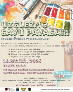 Attēlā redzams gaišs, saulains fons, kas rada siltu un iedvesmojošu noskaņu. Priekšplānā izvietoti gleznošanas piederumi — otas un akvareļkrāsas. Kompozīcija ir viegla un radoša, uzsverot māksliniecisko procesu. Attēlā iekļautais teksts aicina piedalīties gleznošanas meistarklasē Viļakas pilsētas brīvdabas estrādē. 