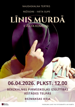 Uz melna fona attēlots cilvēks ar cepuri, kas aizsedz seju. Ķermenis vizuāli pārklāts ar rokām, radot noslēpumainu un nedaudz sirreālu iespaidu. Attēlā redzams teksts: izrāde “Līnis murdā.”