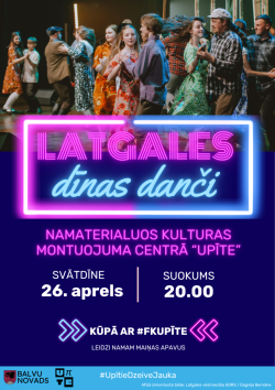 Plakātā redzams deju pasākuma paziņojums ar spilgtām, neona krāsām.  Augšpusē attēloti cilvēki, kas dejo pāros – viņi ir krāsainos tērpos un kustībā, radot svētku noskaņu. Zem tā lieliem, izgaismotiem burtiem rakstīts "Latgales dīnas danci".  Tālāk norādīta informācija: pasākums notiek svētdien, 26. aprīlī plkst. 20:00 Nemateriālās kultūras mantojuma centrā "Upīte".