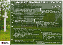 Attēlā redzama zaļa, pavasarīga daba ar baltu krustu priekšplānā. Fons ir mierīgs un dabīgs. Uz attēla izvietots teksts, kas aicina piedalīties maija dziedājumos Balvu novadā.