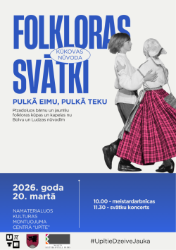 Afiša ar gaišu fonu un lielu zilu virsrakstu “Folkloras svātki”. Labajā pusē redzams dejojošs pāris tautastērpos, kur meitenes svārki ir spilgti rozā.
