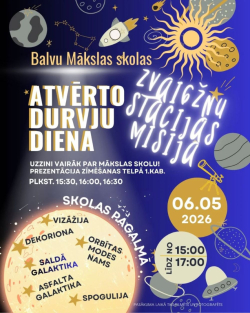 Krāsains plakāts tumši zilā kosmosa tematikā ar planētām, sauli, raķeti un zvaigznēm. Tas reklamē Balvu Mākslas skolas Atvērto durvju dienu “Zvaigžņu stacijā Misijā” 2026. gada 6. maijā no 15:00 līdz 17:00. Apakšā liela gaiša planēta ar staciju nosaukumiem.
