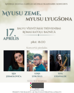 Attēlā redzama gaišos, mierīgos toņos veidota afiša par koncertu.  Augšā rakstīts, ka tas ir Andreja Selička garīgās mūzikas skaņdarbu koncerts. Lieliem burtiem centrā – nosaukums “Mūsu zeme, mūsu lūgšana”.  Apakšā ir trīs dalībnieku fotogrāfijas: sieviete, vīrietis ar brillēm un sieviete ar saksofonu. 