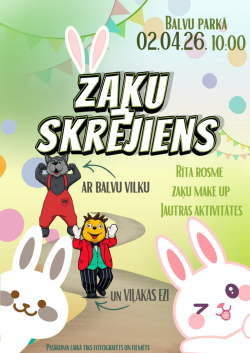 Zaļgans fons. Attēlā redzami divi balti zaķi, pa ceļu skrien Balvu vilks un Viļakas ezis. Teksts aicina uz Zaķu skrējienu Balvu pilsētas parkā.