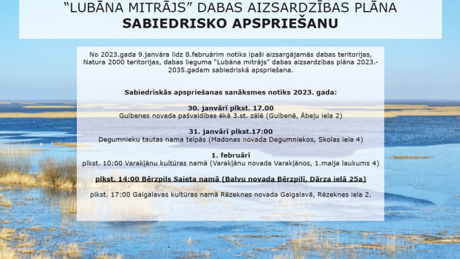 Paziņojums par Dabas lieguma “Lubāna mitrājs” dabas aizsardzības plāna sabiedrisko apspriešanu