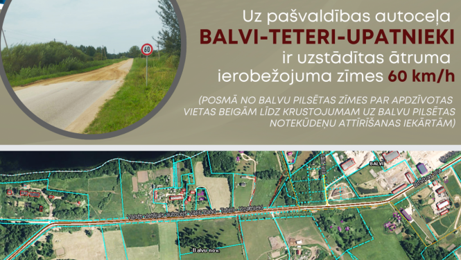 Uz pašvaldības autoceļa Balvi-Teteri-Upatnieki uzstādītas ātruma ierobežojuma zīmes 60 km/h