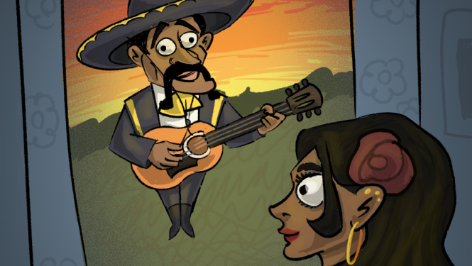 Karikatūra ar spāņu vīrieti un sievieti