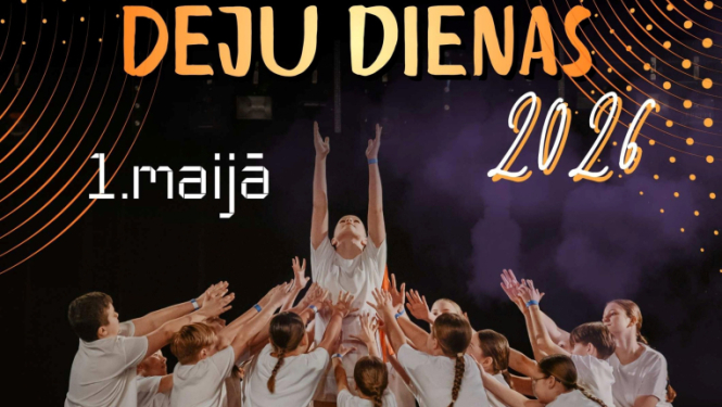 Tumšs, kontrastains plakāts par “Deju dienu 2026”, kas notiks 1. maijā Balvu Kultūras un atpūtas centrā.  Centrā redzama skatuves aina: bērnu un jauniešu grupa baltos tērpos paceļ vienu dejotāju augšup, radot vienotības un kustības sajūtu.  Apakšā norādīta programma – deju meistarklases no 11:00 līdz 14:00 un koncerts plkst. 17:00, ar piezīmi, ka ieeja koncertā ir bez maksas.
