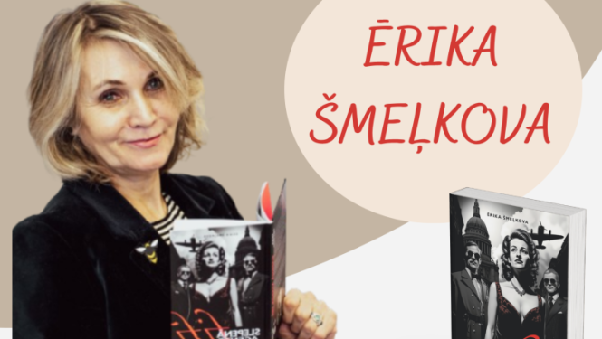 Attēlā redzama sieviete ar gaišiem matiem, kura rokās tur grāmatu. Attēla labajā malā novietota vēl viena tā pati grāmata. Fons ir gaišs un neitrāls, izceļot galveno tēlu un grāmatas. Uz attēla redzamais teksts aicina uz tikšanos ar rakstnieci Ērika Šmeļkova.