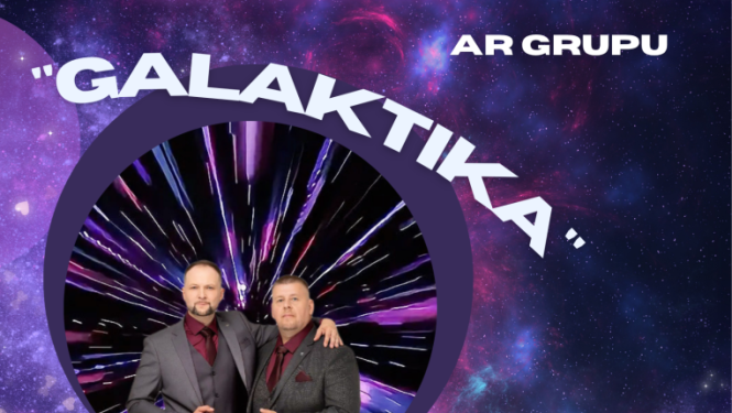 Plakāts par balli “Galaktika” Lazdukalna saieta namā: kosmosa fons ar zvaigznēm, centrā divi vīrieši uzvalkos. Norādīts datums 15. maijs, laiks 22:00–3:00 un ieejas maksa.