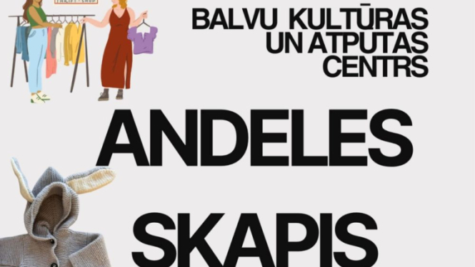 Reklāmas plakāts aicina uz pasākumu "Andeles Skapis Balvos", kas norisināsies 16. maijā no plkst. 10:00 līdz 14:00 Balvu Kultūras un atpūtas centrā. Attēlā redzami dažādi apģērbi un apavi — bērnu jaciņa ar ausīm, punktaina kleita, zābaki un sandales.