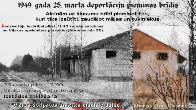 Attēlā redzama Vecumu dzelzceļa stacija. Teksts aicina uz Komunistiskā genocīda upuru piemiņai veltītu piemiņas brīdis