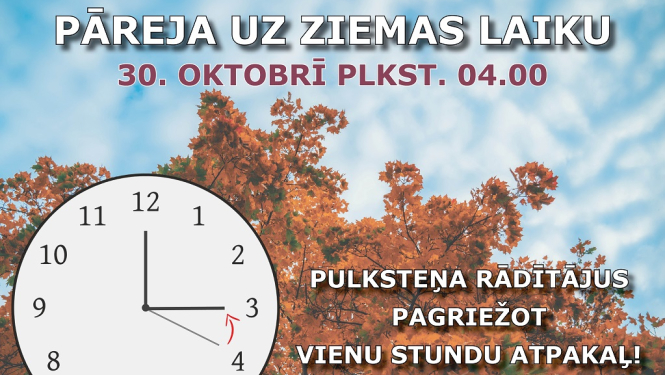 2022. gada 30. oktobrī notiks pāreja atpakaļ no vasaras laika, pulksteņa rādītājus pagriežot vienu stundu atpakaļ
