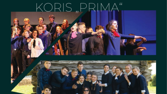 Uz melna fona, ģeometriskās formās redzami dažādi attēli ar kora dalībnieku foto. Afiša aicina uz Rīgas Rīnūžu vidusskolas kora "Prima" koncertu 16. aprīlī plkst. 19.00 NKMC "Upīte". 