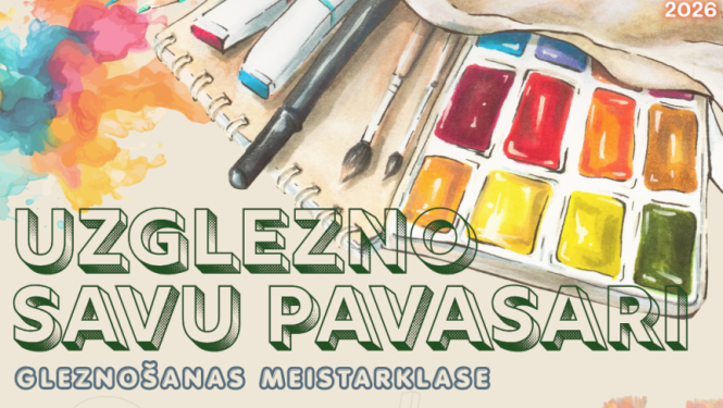 Attēlā redzams gaišs, saulains fons, kas rada siltu un iedvesmojošu noskaņu. Priekšplānā izvietoti gleznošanas piederumi — otas un akvareļkrāsas. Kompozīcija ir viegla un radoša, uzsverot māksliniecisko procesu. Attēlā iekļautais teksts aicina piedalīties gleznošanas meistarklasē Viļakas pilsētas brīvdabas estrādē. 