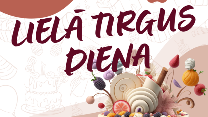 Plakāts par pasākumu ar siltos, brūnganos toņos veidotu dizainu. Augšā rakstīts: 16. maijā no plkst. 10:00 pie Krišjāņu tautas nama.  Centrā lieliem burtiem redzams nosaukums “Lielā tirgus diena”. Apakšā attēlota liela, dekoratīva kūka ar dažādiem augļiem un saldumiem.  Tekstā norādīts, ka īpaši gaidīti mājražotāji. Apakšējā stūrī redzams Balvu novada logo.