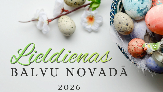 Attēls ar krāsainām lieldienu olām un uzrakstu Lieldienas Balvu novadā 2026