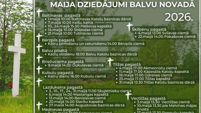 Attēlā redzama zaļa, pavasarīga daba ar baltu krustu priekšplānā. Fons ir mierīgs un dabīgs. Uz attēla izvietots teksts, kas aicina piedalīties maija dziedājumos Balvu novadā.