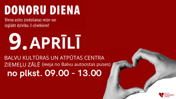 Sarkans fons. Attēlā redzamas divas rokas, kas veido sirds simbolu, un blakus esošais teksts aicina uz Donoru dienu Balvos.
